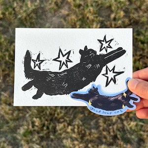 Whimsical Black Cat Linocut Print, Cute Black Cat, Original Animal Linocut Illustration, Sleeping Cat Art Home Decor Gift, Black and White print + sticker