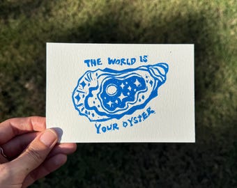 The World is Your Oyster Linocut Block Print | 4 x 6 Mini Print | Printmaking | Handmade | Whimsical Fantasy Oyster