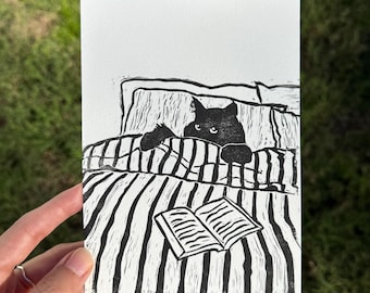 Cat Reading Linocut Block Print, Original Black Cat Wall Art, Cozy Bedroom Art, Book Lover Cat Illustration, Cat in Bed Art, Striped Bed Art