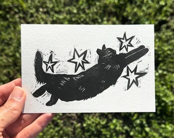 Whimsical Black Cat Linocut Print, Cute Black Cat, Original Animal Linocut Illustration, Sleeping Cat Art Home Decor Gift, Black and White