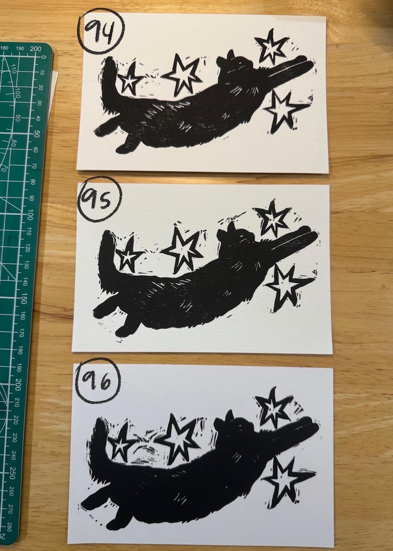May include: Three rectangular white paper prints featuring a black ink block print of a cat reaching towards four stars. Each print is labelled with a handwritten number 94, 95, or 96. A green ruler is visible on the left, showing a length of 28 cm.