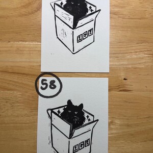 Pu&ograve; includere: Due stampe rettangolari bianche con un'illustrazione a inchiostro nero di un gatto soffice seduto dentro una scatola di cartone. La stampa superiore &egrave; contrassegnata dal numero 40 in un cerchio, quella inferiore dal numero 58 in un cerchio.