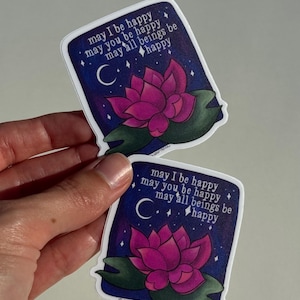 Lotus Sticker with Saying, Metta Meditation Sticker, Yoga Sticker, Friend Gift, Loving Kindness Sticker, May All Beings Be Happy Vinyl Decal set of two