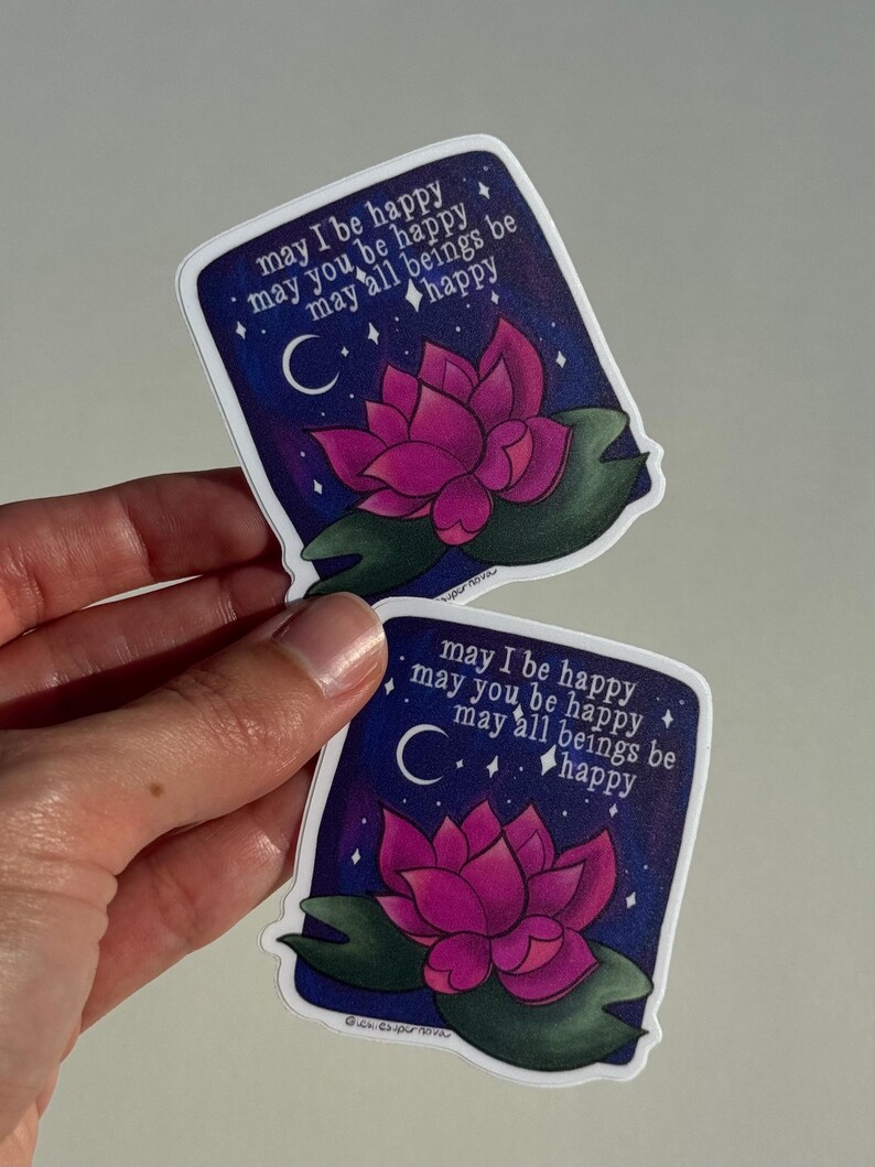Lotus Sticker with Saying, Metta Meditation Sticker, Yoga Sticker, Friend Gift, Loving Kindness Sticker, May All Beings Be Happy Vinyl Decal set of two
