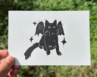 Black Cat Original Linocut Print, Cat Bat Art, Original Block Print, Whimsical Witchy Wall Art, Mini 4x6 Print, Austin Texas Bat Art Decor