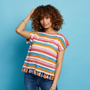 May include: A colorful striped crochet top with a fringe trim. The top is made with a variety of colors, including pink, orange, blue, and white.