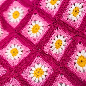 May include: A pink and white crocheted blanket with a daisy pattern.