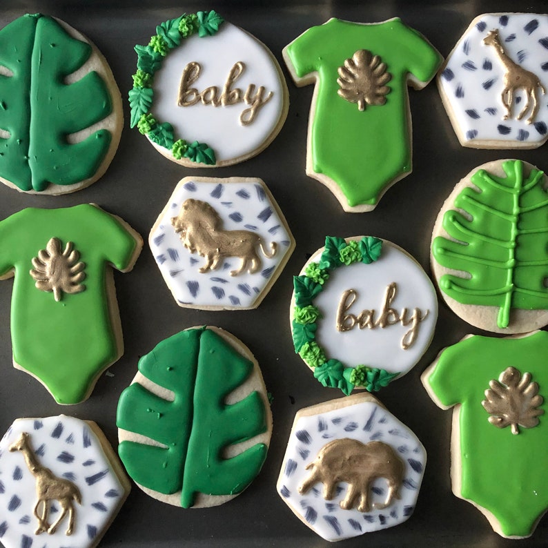 Baby Shower Cookies Jungle Safari Theme Cookies Greenery Etsy