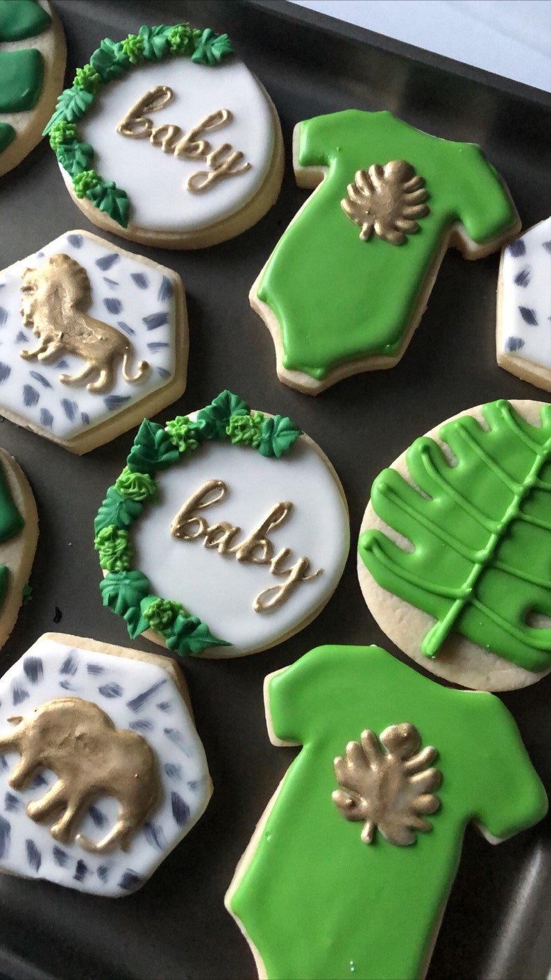 Baby Shower Cookies Jungle Safari Theme Cookies Greenery Etsy