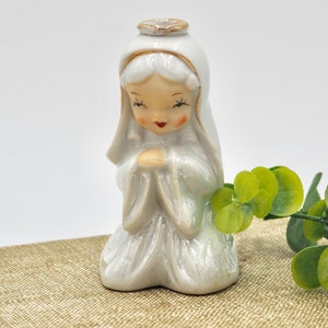 Vintage Kneeling Girl Praying Figurine - 3.5&quot;H Opalescent White w/Gold Painted Accents - Baptism First Communion Confirmation - Mother Mary