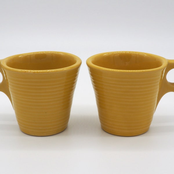 McCoy Suburbia Mugs/Cups w/Handles - Set of 2 - Mustard Yellow Ringed Design Vintage Dinnerware 1964 - Textured Ribbed Rings Tableware Dish