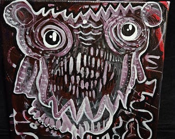 SAVEY~ Acrylic on canvas- 6"x 6"- Abstract art creature/automatic painting
