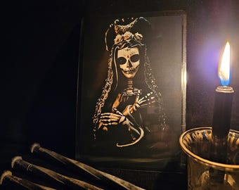 La Nina Negra Santa Muerte Prayer Card 4"x6"– White Santisima Devotional Card