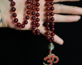 93 Bead Mala Necklace – Red Carnelian with Om pendant