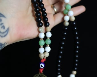 Handmade Stone Mala Necklace – Onyx, Aventurine, Moonstone, Jasper with Hamsa and Evil Eye