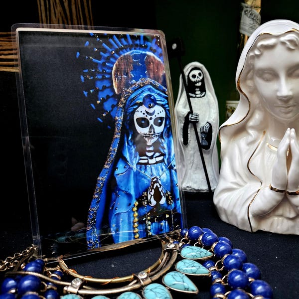 Biglietto di preghiera La Niña Azul Santa Muerte – Biglietto d'altare blu (4x6)