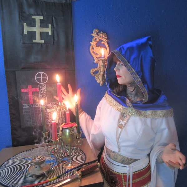 Azure Blue Satin Priestess Hood with Beaded Gold Trim and Gold Lace ~ Gnostic Mass/ Liber 15/ Thelema/ Magick/ Nuit/ Babalon/ 156/ OTO/ EGC