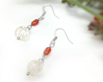 Silver earrings with coral and quartz crackle.