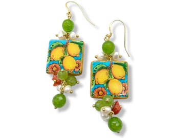 Boucles d’oreilles siciliennes, boucles d’oreilles siciliennes, boucles d’oreilles en majolique sicilienne, carreaux de céramique sicilienne, boucles d’oreilles citron, boucles d’oreilles avec perles