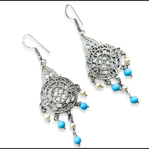 Pearl chandelier earrings and turquoise beads zdjęcie 1