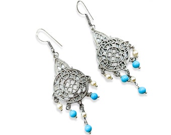 Pearl chandelier earrings and turquoise beads