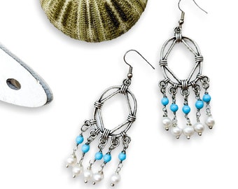 Boucles d’oreilles lustre avec turquoise et perles