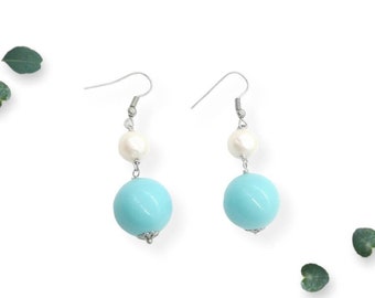 Silver turquoise earrings and pearl, beachy jewelry