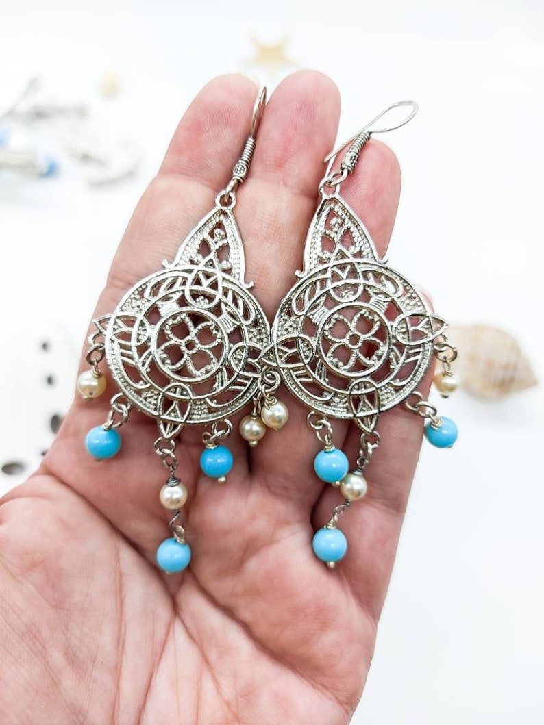 Pearl chandelier earrings and turquoise beads zdjęcie 3