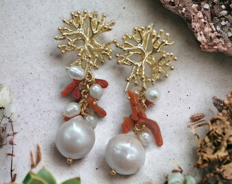 Sea coral earrings, baroque pearl earrings, coral stud earrings, fireball pearl earrings, coral dangle earrings, pearl and coral earrings