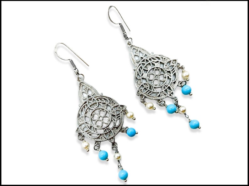 Pearl chandelier earrings and turquoise beads zdjęcie 1