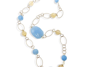 Long brass necklace with semiprecious stones