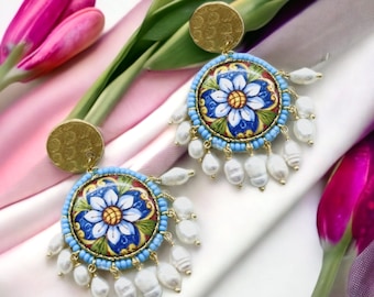 Sicilian majolica earrings, sicilian ceramic tile earrings, sicilian jewelry, floral tile art, flower earrings, sicily handmade earrings