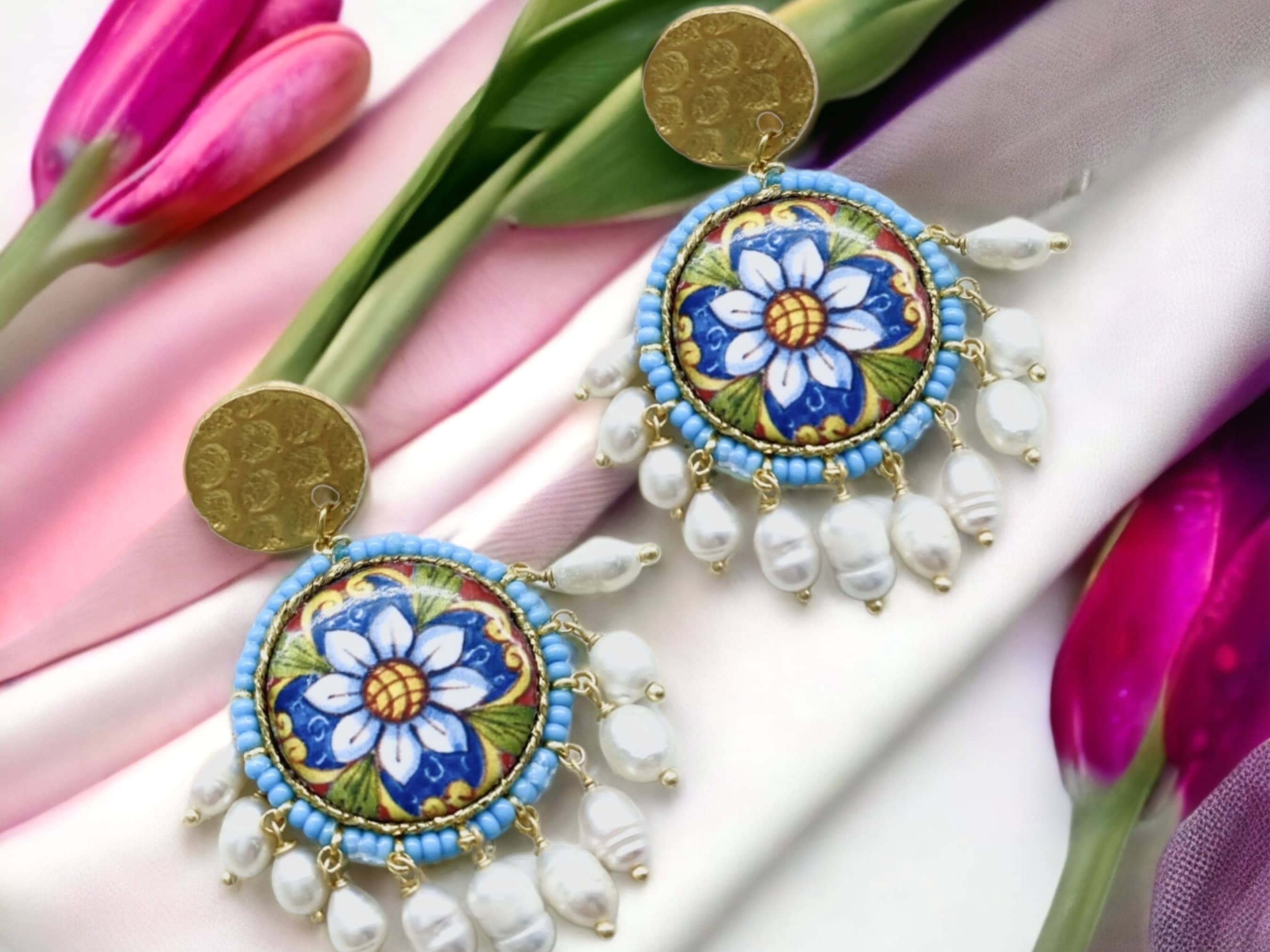 Sicilian majolica earrings, sicilian ceramic tile earrings, sicilian  jewelry, floral tile art, flower earrings, sicily handmade earrings