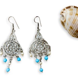 Pearl chandelier earrings and turquoise beads zdjęcie 6