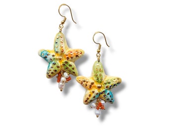 Sicilian earrings, sicilian jewelry, starfish earrings, sicilian ceramics, Caltagirone ceramics, ceramic starfish, made in Sicily, Italy