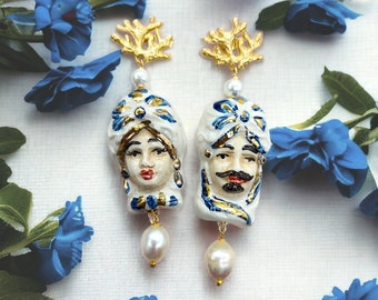 Sicilian ceramics, sicilian earrings, sicilian head, sicilian jewelry, moors head earrings, italian ceramic, sicilian gifts, italian gifts