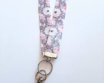 lanyard | flowers lanyard | badge id holder | necklace lanyard | elastic lanyard | gray floral lanyard | lanyard for keys | stretch necklace