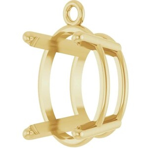 May include: A polished yellow gold pendant setting featuring a circular frame with four prongs extending outward to secure a gemstone. The structure includes a small, round bail at the top for attachment to a chain, showcasing a smooth metallic finish.