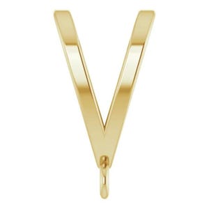 May include: A V-shaped gold jewelry bail featuring a smooth, polished finish. The component consists of two angled arms that meet at a central point, extending downward into a small, circular loop designed for attaching a pendant or charm.