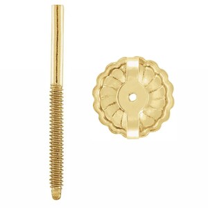 May include: A gold earring post with a threaded screw design and a matching round, scalloped-edge gold earring back. The post features a smooth top section and a long, textured threaded lower portion for secure fastening of the earring component.