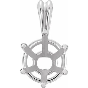 May include: A polished silver-toned metal pendant setting featuring a six-prong basket design intended for a round gemstone. The setting includes a vertical tapered bail at the top for attachment to a chain, showcasing a clean, metallic finish.