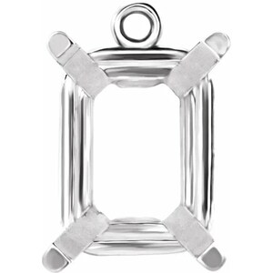 May include: A polished silver pendant setting designed to hold a rectangular gemstone. The setting features four prongs at the corners to secure the stone, and a loop at the top for a chain or cord. The metal has a bright, reflective finish.