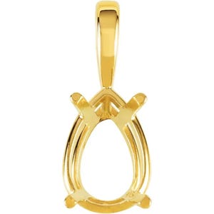 May include: A polished yellow gold pendant setting featuring a pear-shaped frame designed to hold a single gemstone. The setting includes a tapered bail at the top and four prongs extending from the base to secure a stone in a teardrop orientation.