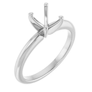 May include: A polished silver-toned metal ring setting featuring a four-prong head designed to hold a single gemstone. The band is smooth and rounded, leading up to the elevated prongs that extend upward from the center of the ring structure.
