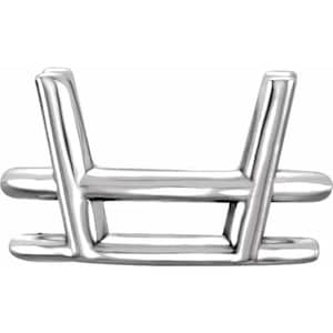 May include: A polished silver ring setting with a unique design. The setting features two vertical bars connected by horizontal bars, creating a distinctive shape. The ring setting is designed to hold a gemstone.