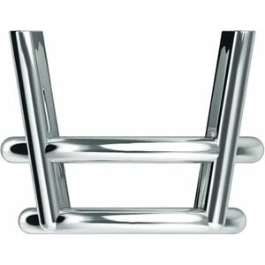 May include: A shiny, chrome-finished towel rack with a minimalist design. The rack features two vertical bars connected by horizontal bars, creating a sturdy and modern look. The rounded ends add a touch of softness to the otherwise angular structure.