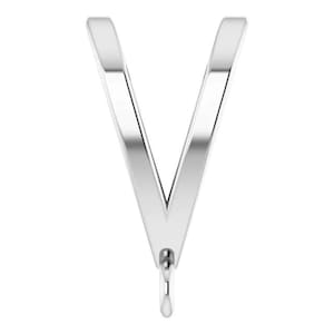 May include: A silver-toned V-shaped jewelry bail featuring two angled arms that meet at a central point, with a small, circular jump ring attached at the bottom for connecting pendants or charms to a necklace chain or other jewelry components.