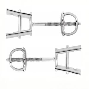 May include: Two silver-colored earring backs with a screw-on design. The earring backs have a post with a threaded section and a butterfly-shaped clasp. The design is simple and modern, suitable for various earring styles.
