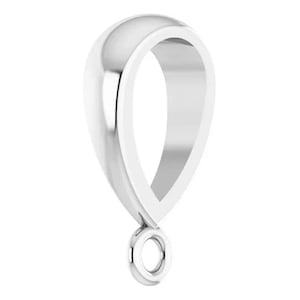 May include: A polished silver-toned jewelry bail featuring a smooth, teardrop-shaped top loop for chain threading and a small, circular jump ring at the base for attaching a pendant. The metal surface is reflective and has a clean, uniform finish.