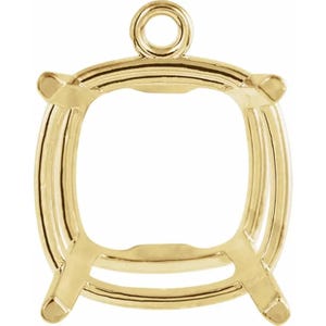 May include: A gold pendant setting featuring a square-shaped frame with rounded corners, designed to hold a gemstone. The piece includes four prongs at the corners for securing a stone and a circular bail at the top for attachment to a chain.